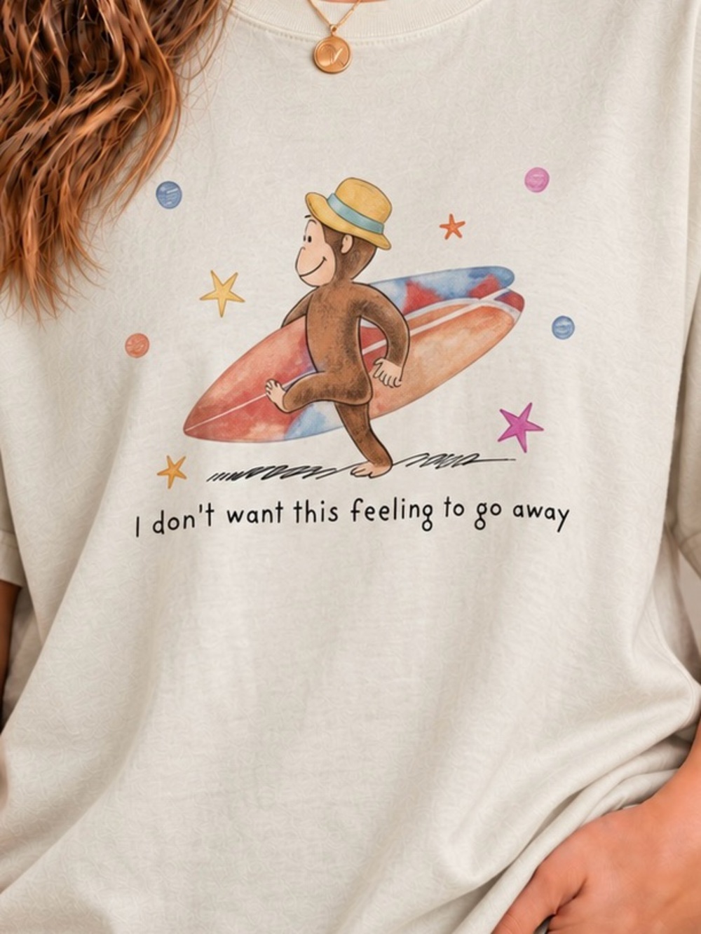 Curious George Surfboard Summer Beach Aesthetic Womens Graphic Reprint Tee Shirt - Picture 3 of 4
